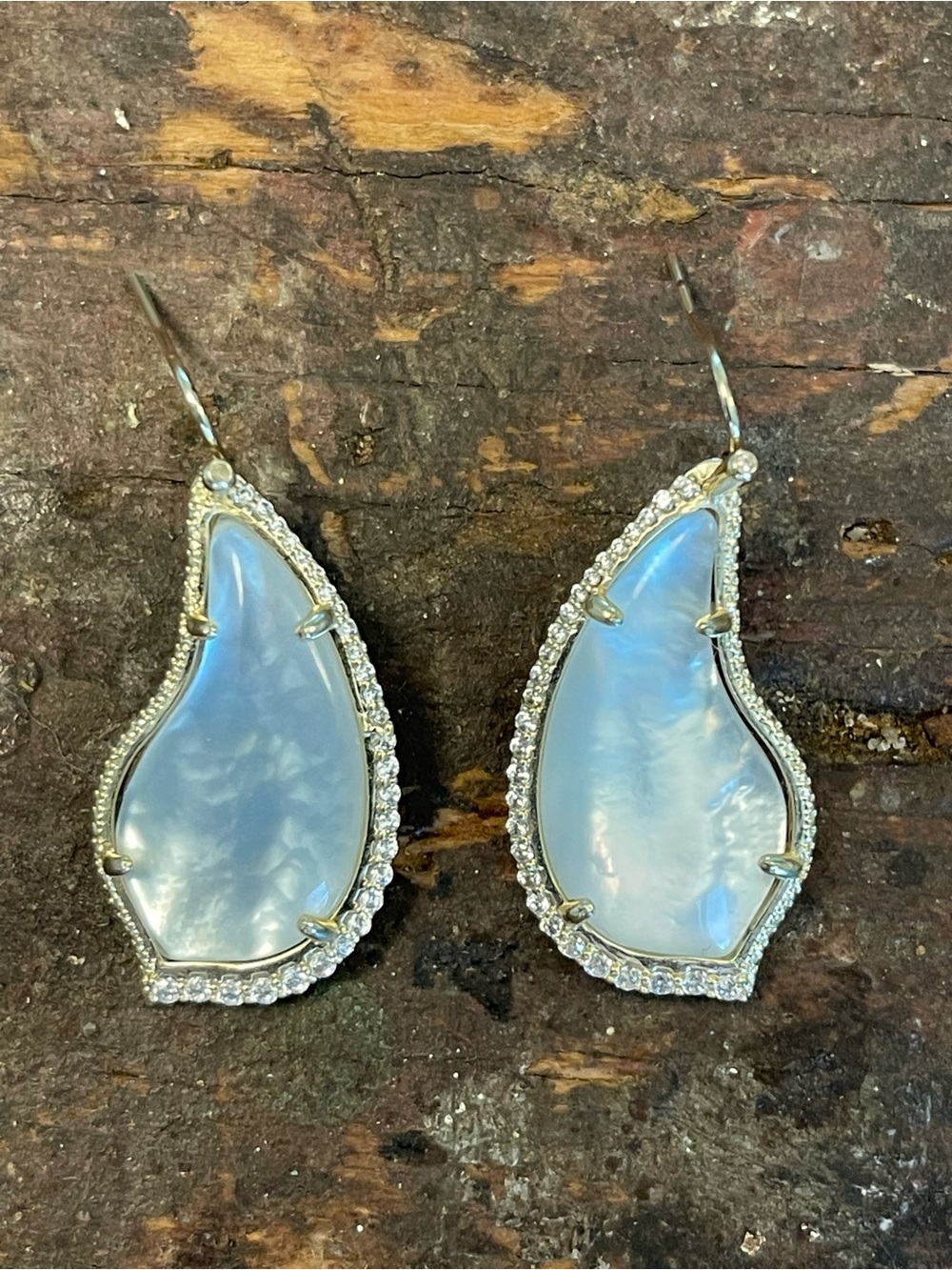 Mother-of-Pearl Teardrop Dangle Earrings with Crystal Halo - White